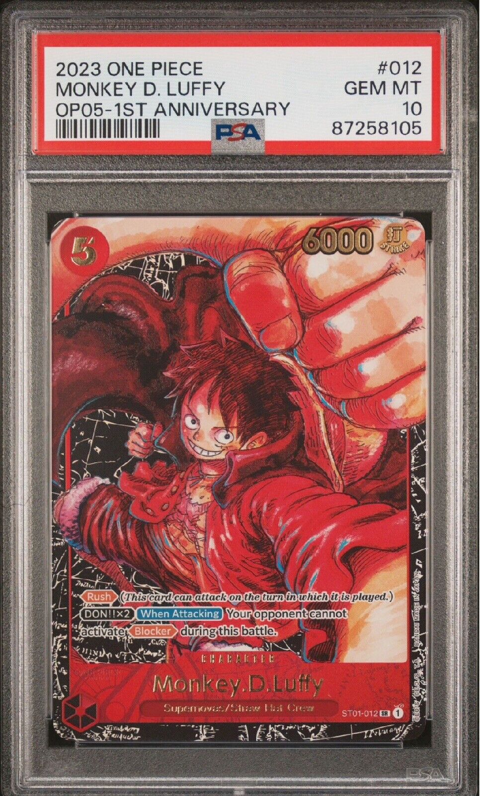 One Piece PSA 10 ST01-012 Monkey D. Luffy OP05 1st Anniversary English